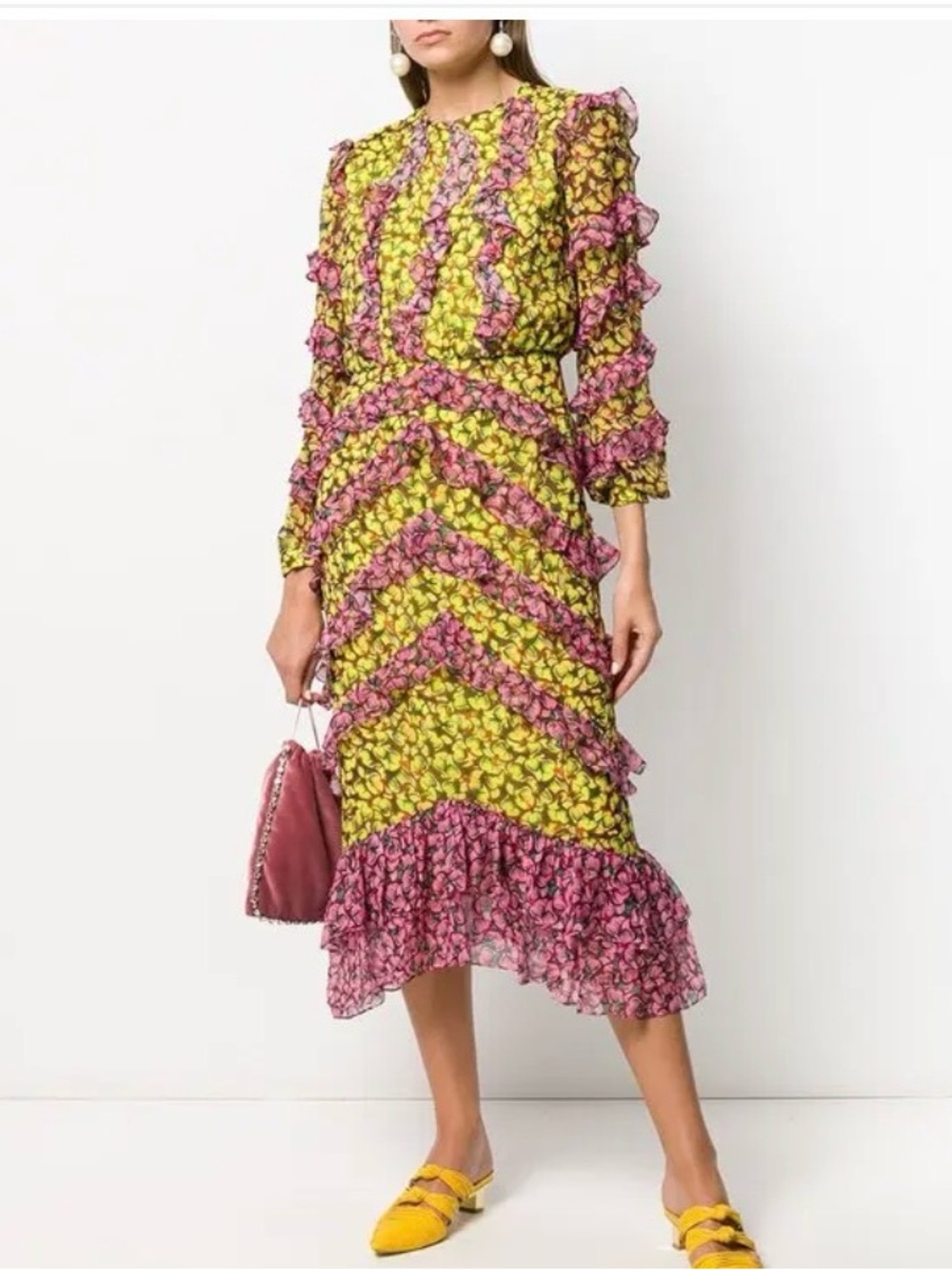 SALONI Victoria Ruffled Silk Midi Dress Floral Pink Yellow Vtg Vibe Size 6
